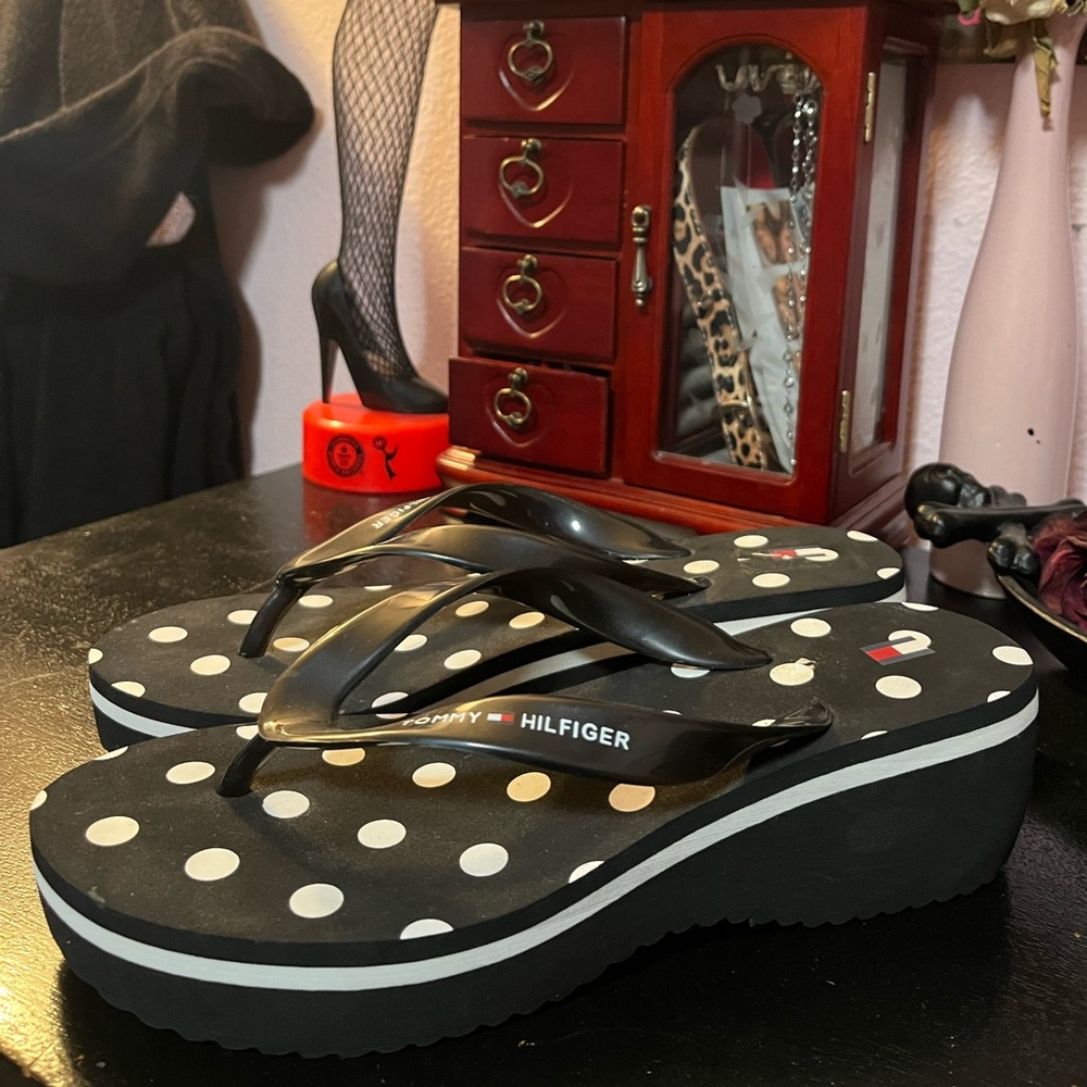 Tommy Hilfiger Black and White Polka Dot  Platform Flip Flops